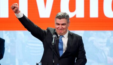 Zoran Milanović gestures during his victory speech in Zagreb on 12 January 2025 after he won the presidential election in a landslide.