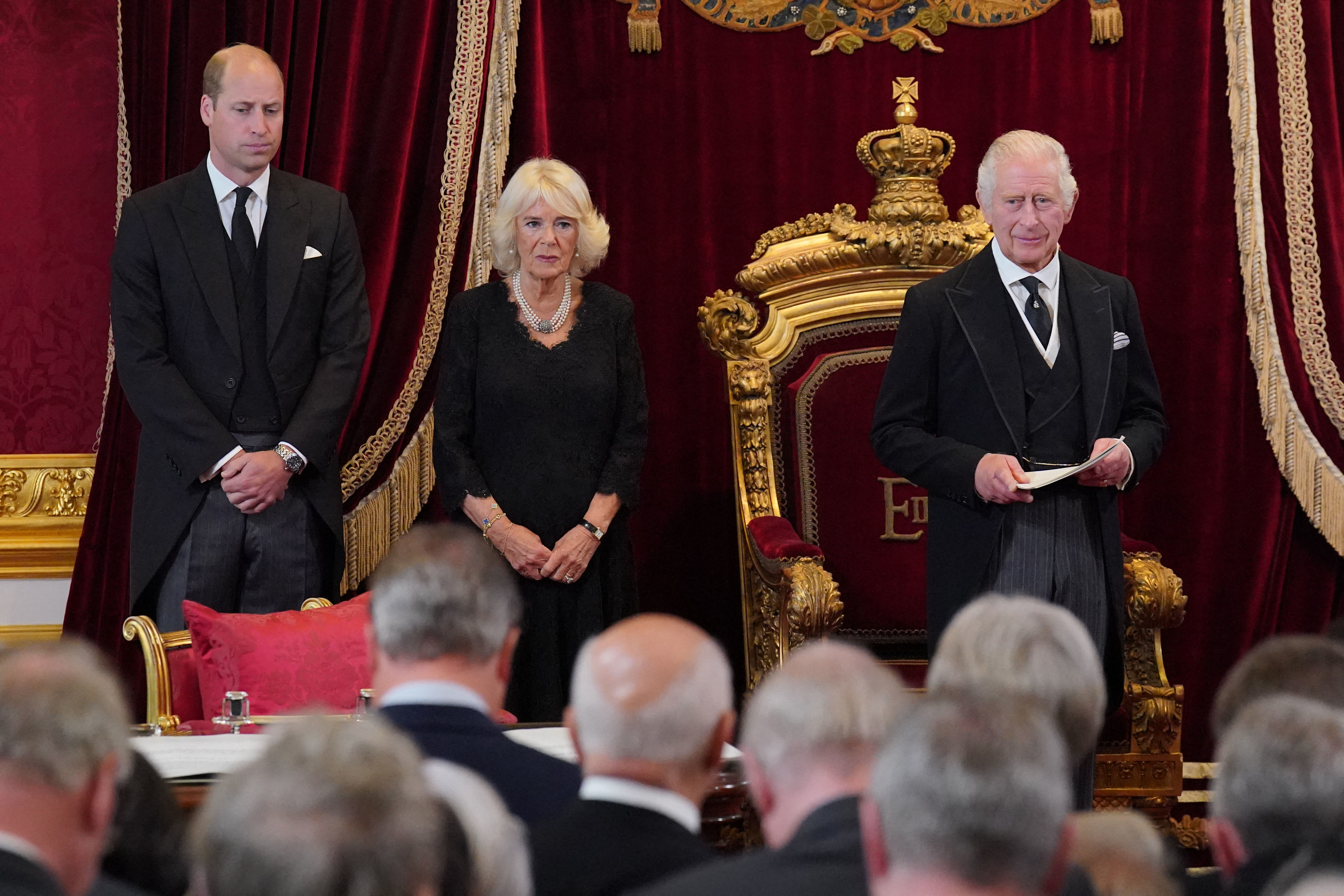King Charles III addressing the Accession Council, with Prince William and Camilla, Queen Consort, in attendance.