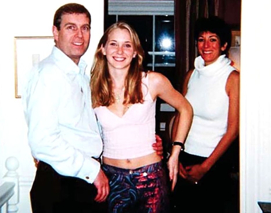 Photo of Prince Andrew, Virginia Roberts (aged 17), and Ghislaine Maxwell at Maxwell's London townhouse.