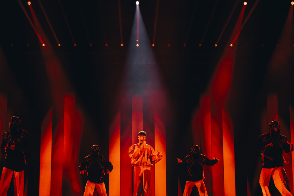 Silvester Belt rehearsing Luktelk for Lithuania at the Second Rehearsal of the First Semi-Final at Malmö Arena.
