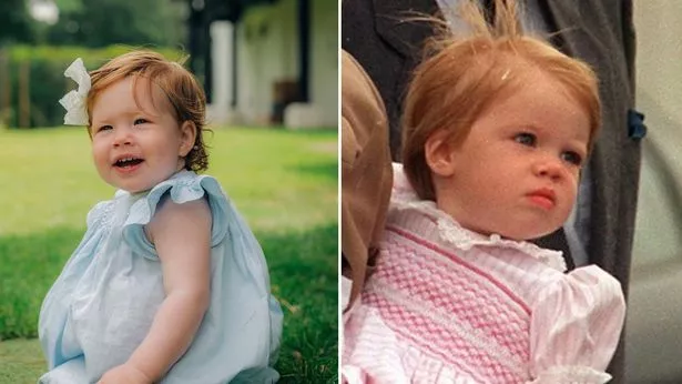 Split photo showing Princess Lilibet in her 1st birthday photo next to photo of Princess Eugenie as a little girl