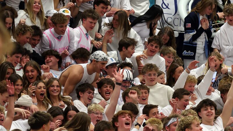 Layton High fans react to a three point shot against Davis High during their game at Layton High in Layton Tuesday, January 14, 2024.