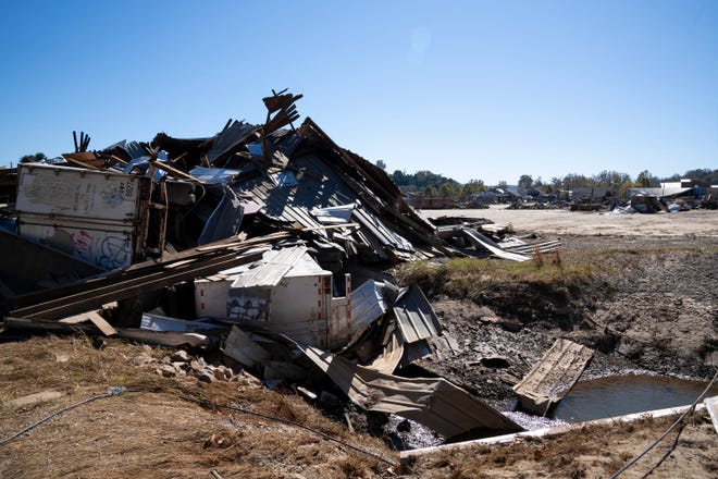Shipping trailers sit buried in debris in the River Arts District on Sunday, October 20, 2024, after the remnants of Hurricane Helene caused historic flooding in Asheville, NC. Mandatory Credit: Jasper Colt-USA TODAY