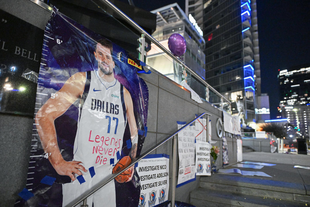 Mavericks fans made their feelings known with a Luka Dončić memorial in Dallas. (Austin McAfee/Icon Sportswire via Getty Images)