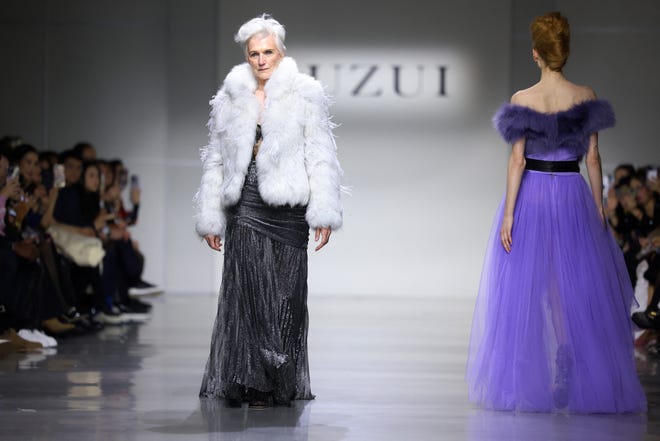 Maye Musk, Elon Musk's mother, presents a creation by Juzui from the fall 2025 collection during New York Fashion Week, in New York on Feb. 7, 2025.