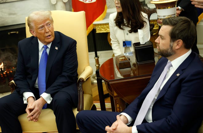 WASHINGTON, DC - FEBRUARY 07: U.S. President Donald Trump (L) and Vice President JD Vance participate in a meeting with Japanese Prime Minister Shigeru Ishiba in the Oval Office of the White House on February 07, 2025 in Washington, DC. Shigeru, who took office in October, is the first Asian leader to visit Trump since he returned to the White House last month. During the visit, Shigeru and Trump will participate in a working lunch and a joint news conference (Photo by Anna Moneymaker/Getty Images)