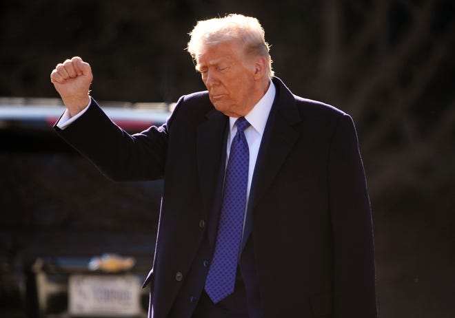 U.S. President Donald Trump departs the White House on February 14, 2025 in Washington, DC. Trump is attending the Daytona 500 this weekend.