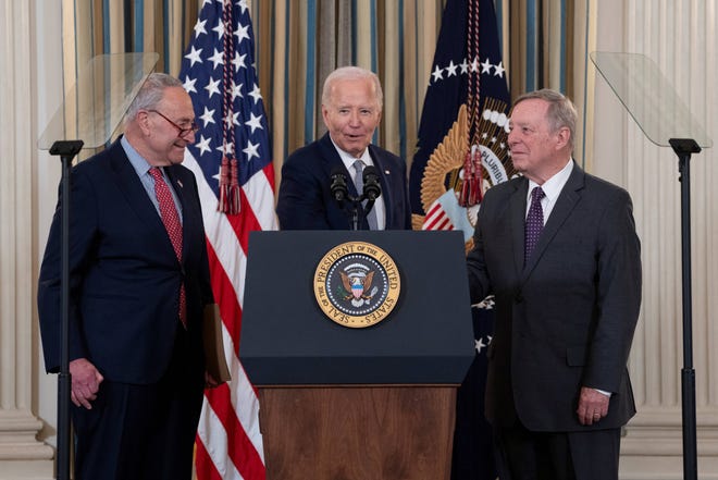 President Joe Biden, Sen. Dick Durbin, D-Ill., and Sen. Chuck Schumer, D-N.Y., enjoy a light moment during a celebration of the Biden Administration securing 235 judicial confirmations at the White House in Washington, DC, on January 2, 2025.