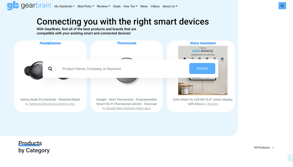 a screenshot of GearBrain search engine for smart devices.
