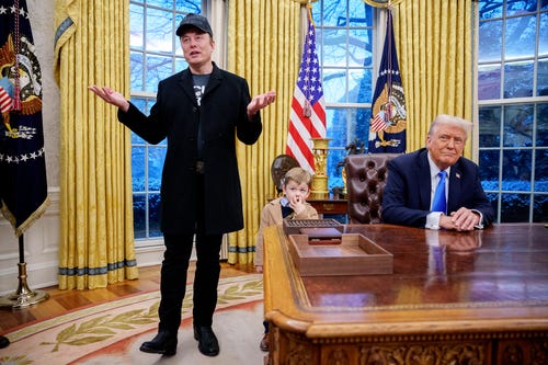 Tesla and SpaceX CEO Elon Musk, accompanied by his son X and President Donald Trump, answers reporters in the Oval Office at the White House on Feb. 11, 2025.
