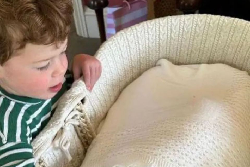 A toddler looking at a baby in a basket.