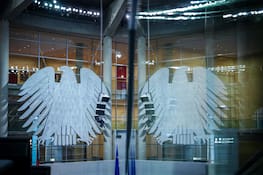 30.01.2025, Berlin: Blick auf den Bundesadler im Plenum des Bundestags im Reichstagsgebäude zu Beginn der Sitzung. Foto: Kay Nietfeld/dpa +++ dpa-Bildfunk +++