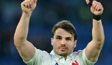 Twice as good: France scrum-half Antoine Dupont, who scored two tries, celebrates victory in Italy (Andreas SOLARO)
