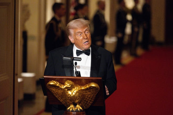 U.S. President Donald Trump speaks during the National Governors Association Evening Dinner and Reception in the East Room of the White House on February 22, 2025 in Washington, DC. Trump is hosting the governors in Washington for the annual National Governors Association meetings.