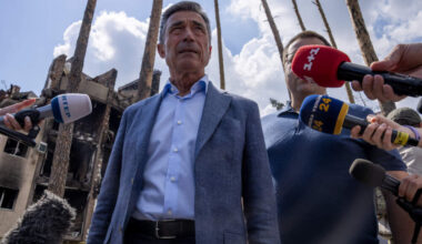 Former Secretary General of NATO Anders Fogh Rasmussen speaks to the press, during his visit to Irpin, on the outskirts of Kyiv, Ukraine, Friday, July 1, 2022. (Nariman El-Mofty/AP)