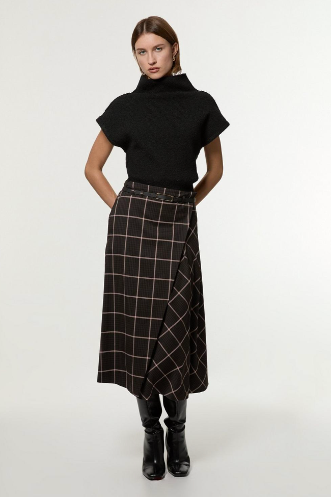 Check Pleated Kilt Belted Midi Skirt
