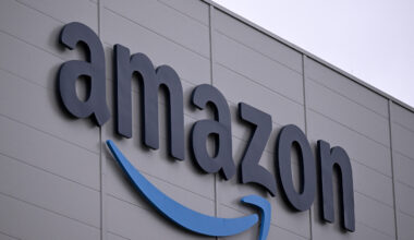 The logo of Amazon on building
