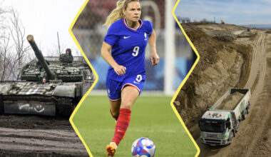 Image composée de 3 photos. À gauche : une photo d'un Tank ukrainien. Au centre : Eugénie le Sommer dribblant sur le terrain. À droite : une photo du chantier de l'A69.