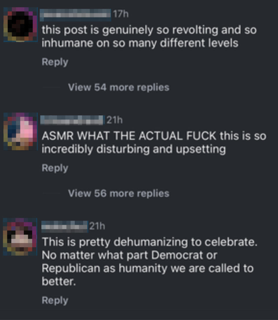 Comments expressing outrage and concern about a disturbing post, questioning humanity and values