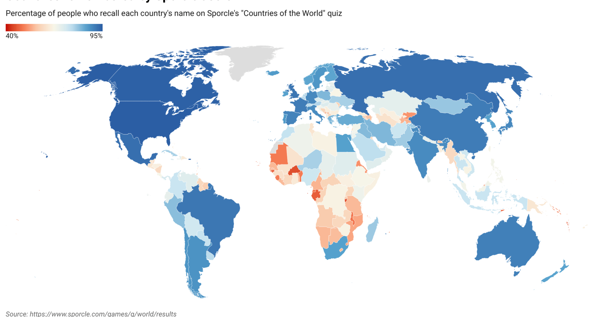 [OC] Countries remembered by Sporcle users