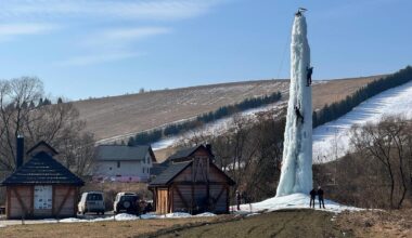 Mountain Resuce Service members training on the ice tower in Oravská Polhora.