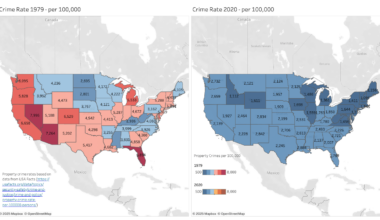 [OC] Property Crime by US State 1979 and 2020 (per 100,000)