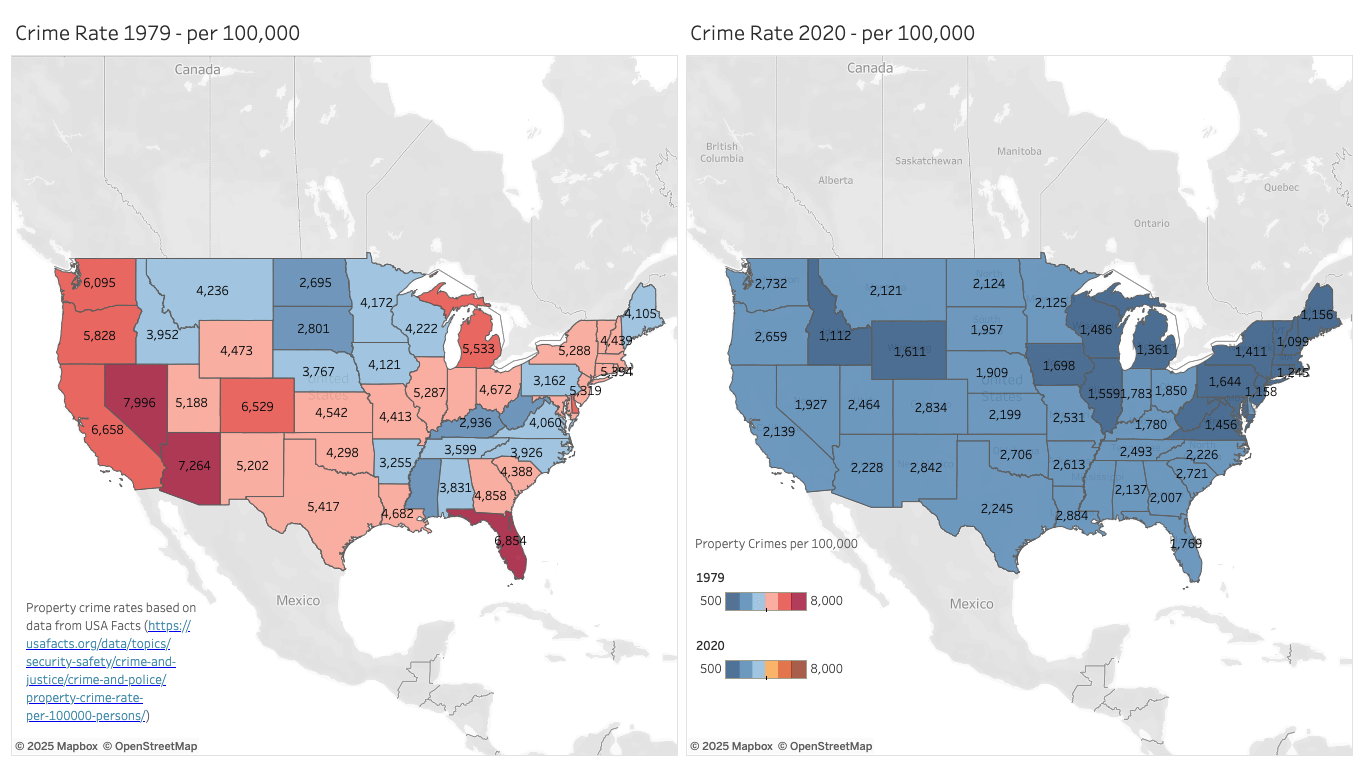 [OC] Property Crime by US State 1979 and 2020 (per 100,000)
