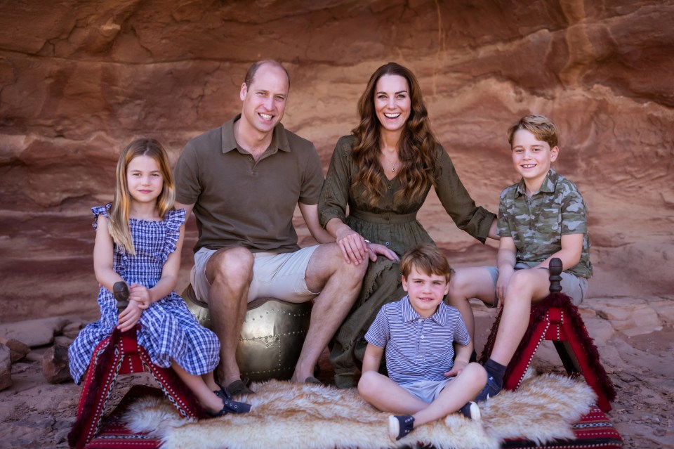 Photograph of Prince William, Kate Middleton, and their three children in Jordan.