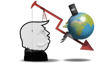 This illustration shows Donald Trump's head filled with oil . An oil pump extracts oil from his head. A red, downward-pointing arrow connects to a globe with a barrel labelled "OIL" on top, making the Earth appear to slump under its weight.