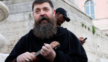 Bishop David Tencer of Reykjavik, Iceland, plays the ukulele during a pilgrimage to Rome in early February 2025.