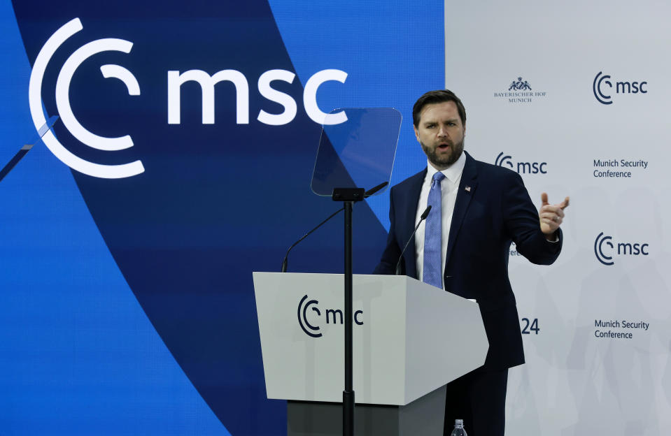 MUNICH, GERMANY - FEBRUARY 14: U.S. Vice President JD Vance speaks during the 61st Munich Security Conference on February 14, 2025 in Munich, Germany. International defence and security leaders from around the world are gathering for the February 14-16 conference. (Photo by Johannes Simon/Getty Images)
