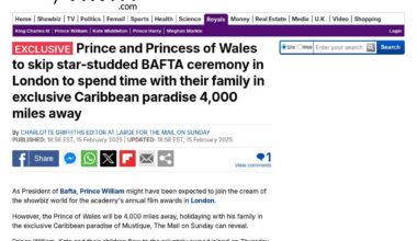 Prince and Princess of Wales to skip star-studded BAFTA ceremony in London to spend time with their family in exclusive Caribbean paradise 4,000 miles away