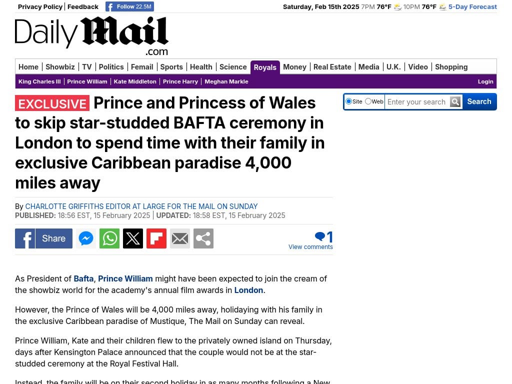 Prince and Princess of Wales to skip star-studded BAFTA ceremony in London to spend time with their family in exclusive Caribbean paradise 4,000 miles away