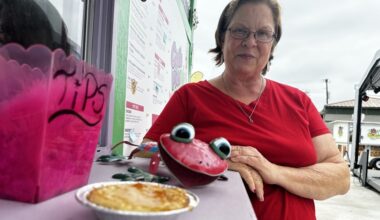 The owner wears a tiara and poses next to one of her pies in a previous interview.
