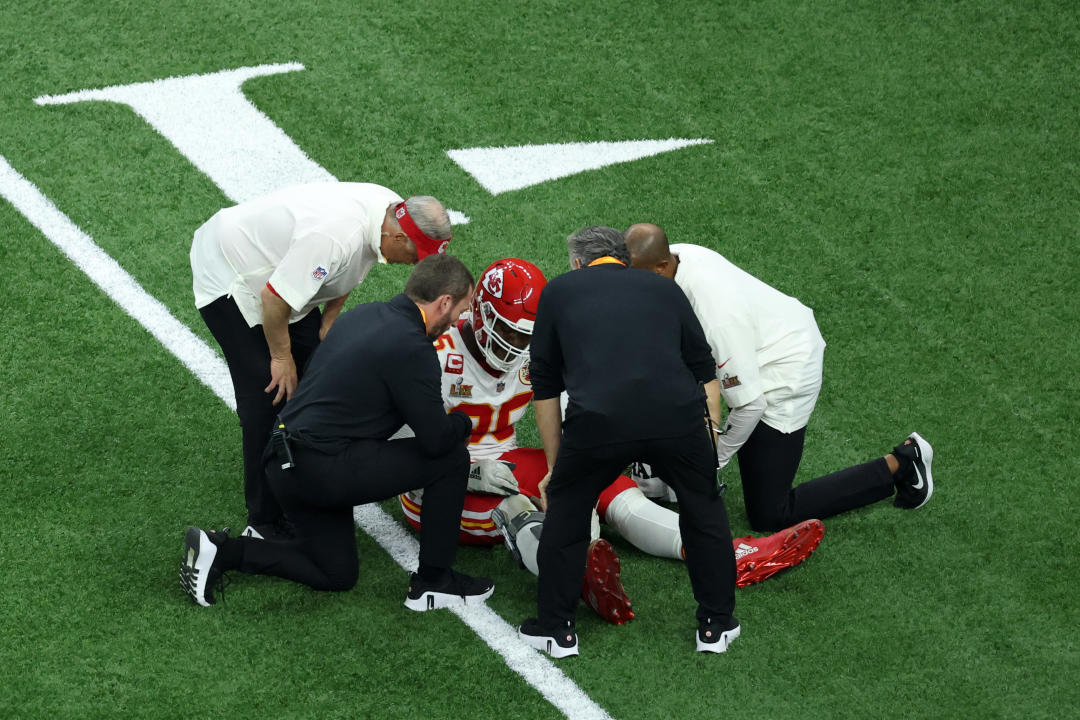 NEW ORLEANS, LOUISIANA - FEBRUARY 09: Chris Jones #95 of the Kansas City Chiefs is looked at by the training staff in the third quarter against the Philadelphia Eagles during Super Bowl LIX at Caesars Superdome on February 09, 2025 in New Orleans, Louisiana. (Photo by Patrick Smith/Getty Images)