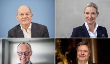Werden nun gemeinsam in einem Quadrell gegeneinander antreten: Olaf Scholz, Alice Weidel, Friedrich Merz und Robert Habeck (von oben links). Das Format stellt eine Alternative zum TV-Duell dar. (Archivbild)