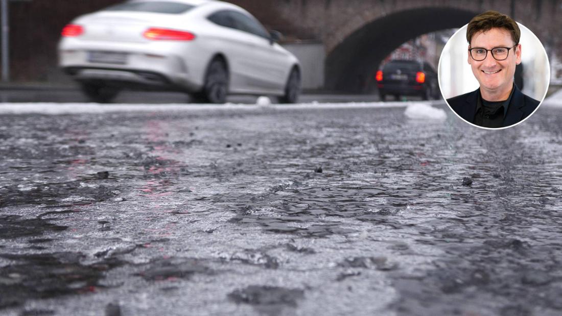 Vereiste Straßen nach Sprühregen auf gefrorenem Boden.