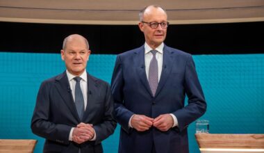 Treffen sich trotz Größenunterschiede beim TV-Duell auf Augenhöhe: Olaf Scholz und Friedrich Merz.