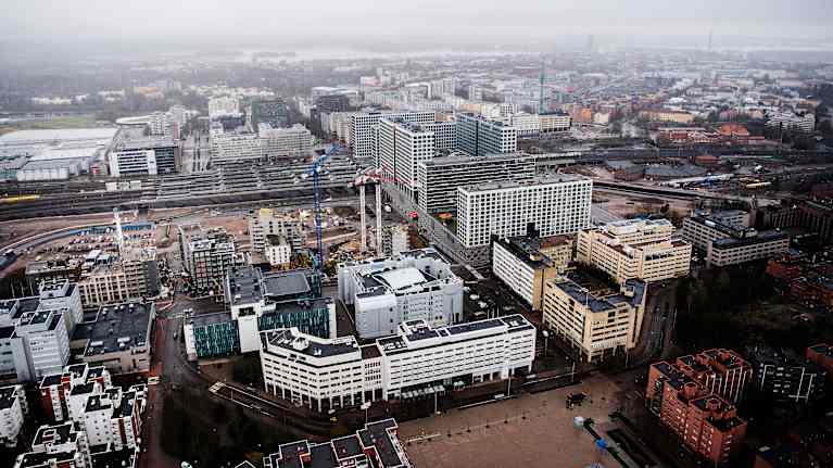 Aerial photo of Helsinki's Pasila district, showing many apartment and business buildings.