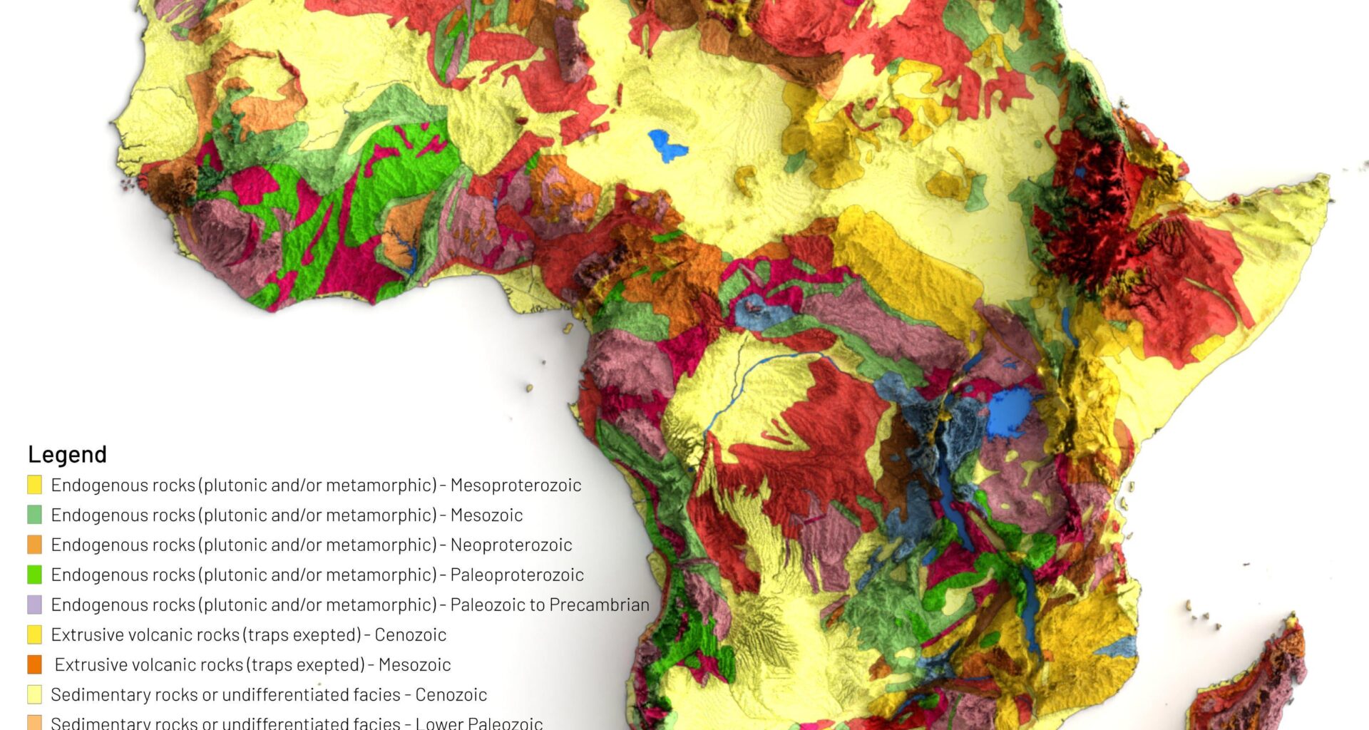 [OC] Map showing Africa Geology made using Qgis and Blender