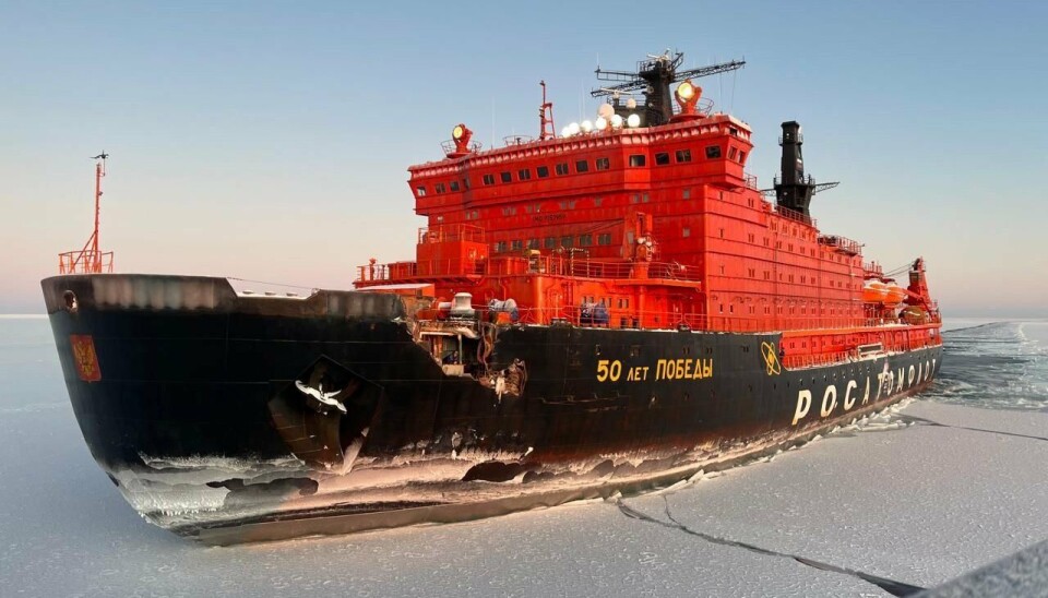 Major damage to the upper part of the hull of the 50 Let Pobedy after collision with cargo vessel Yamal Krechet.
