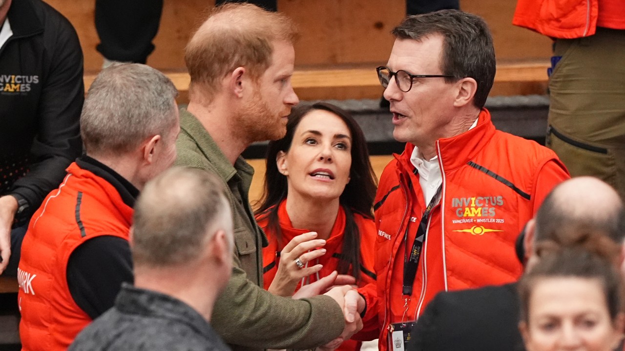 The Duke of Sussex with Prince Joachim (right) and Princess Marie of Denmark on Saturday. Picture: Getty.