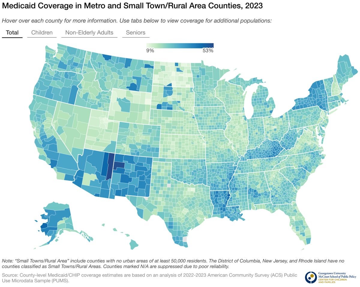 Medicaid Coverage in Metro and Small Town/Rural Counties, 2023