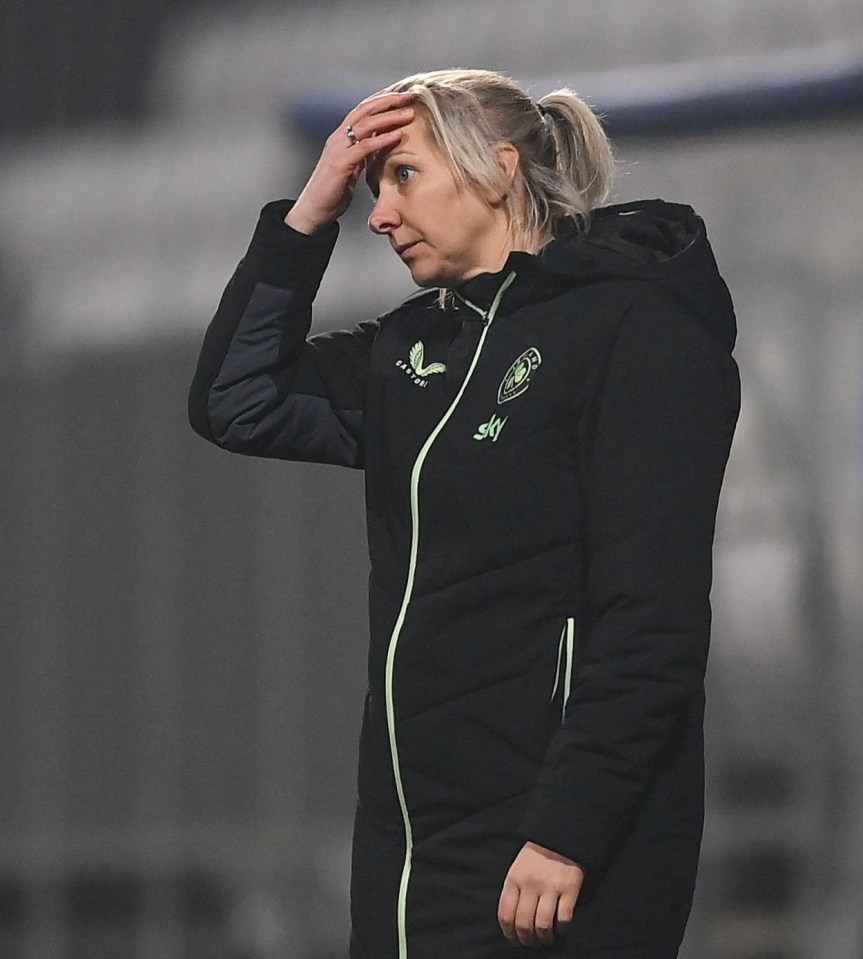 25 February 2025; Republic of Ireland head coach Carla Ward reacts during the UEFA Women's Nations League B match between Slovenia and Republic of Ireland at Bonifika Stadium in Koper, Slovenia. Photo by Stephen McCarthy/Sportsfile