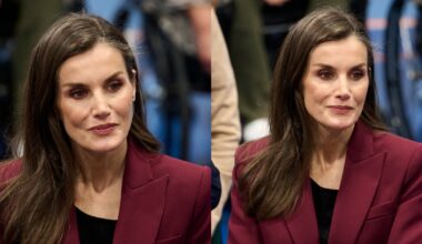 Queen Letizia of Spain Returns to Her Power Suiting Ways in Burgundy Bleis Madrid Look for Visit to the National Hospital of Paraplegics
