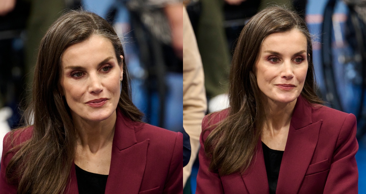 Queen Letizia of Spain Returns to Her Power Suiting Ways in Burgundy Bleis Madrid Look for Visit to the National Hospital of Paraplegics