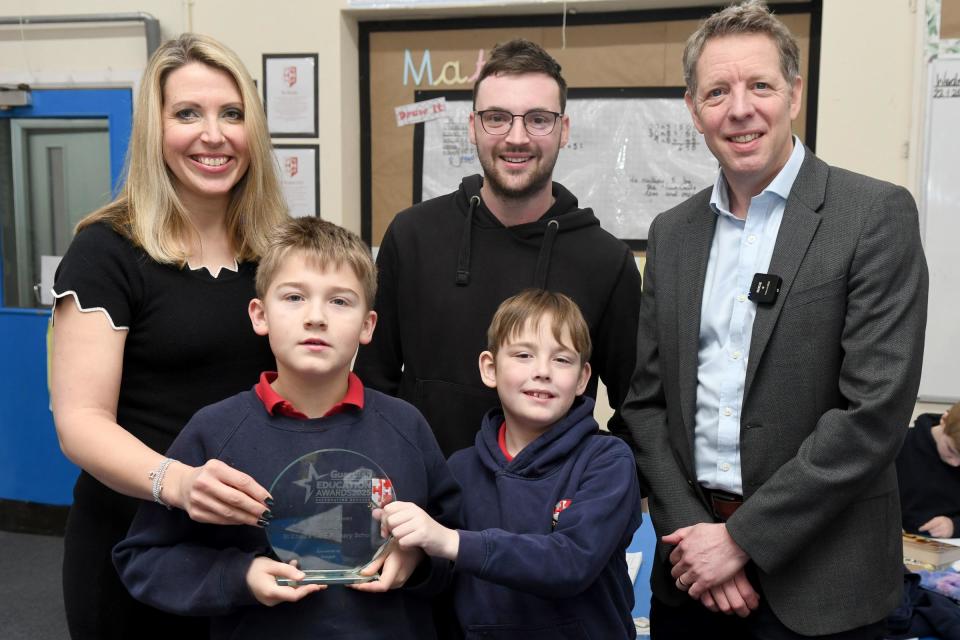 Great and Green Award winners St Chads CofE Primary School with Haydn Bettles, lead outdoor learning teacher (centre), award sponsor Jeremy Tidmarsh from Bespak (right) and Community Content Editor Heidi Summerfield (left)