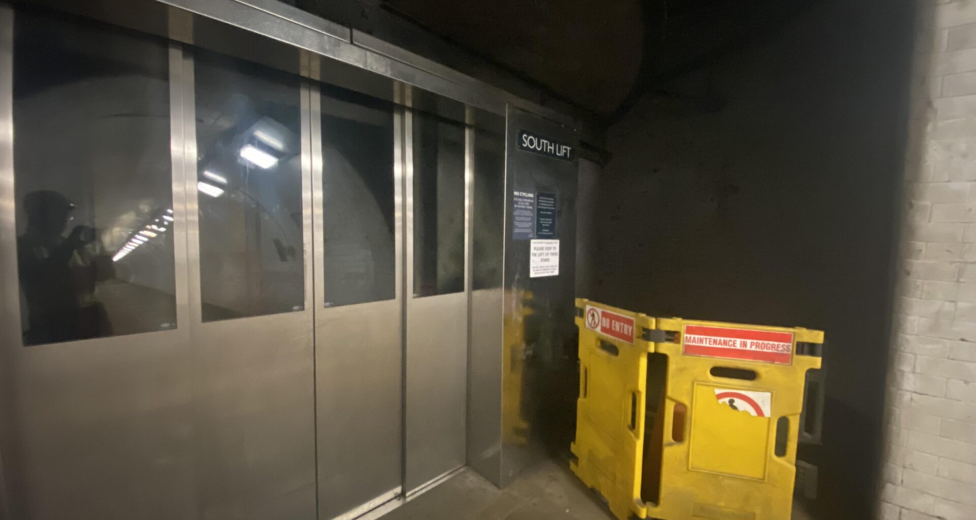 the greenwich foot tunnel lifts are so often broken i no longer bat an eye but i’ve never seen the stairs out of service lol