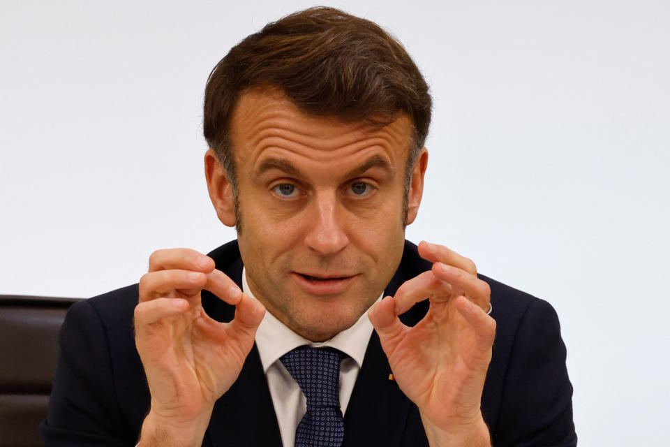 France's President Emmanuel Macron speaks during the International Conference on Syria at the Ministerial Conference Center, in Paris on February 13, 2025. (Photo by Ludovic MARIN / POOL / AFP) (Photo by LUDOVIC MARIN/POOL/AFP via Getty Images)