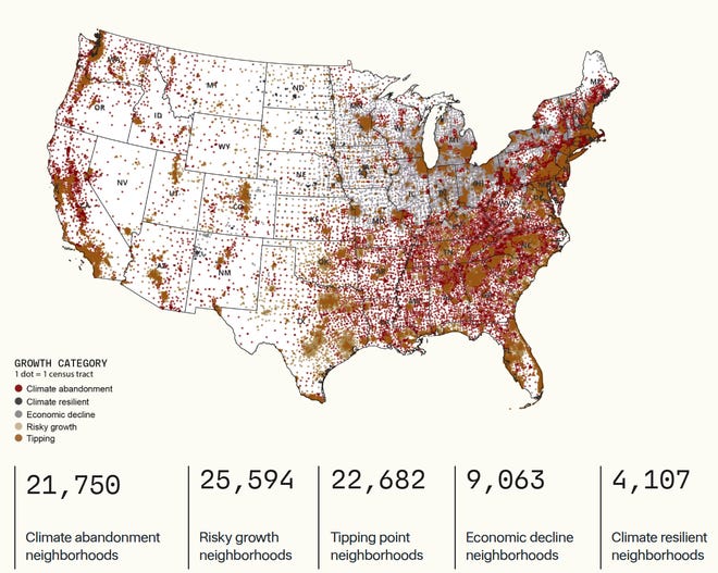 This map shows all census tracts within the U.S. categorized into one of five classifications related to climate risk.